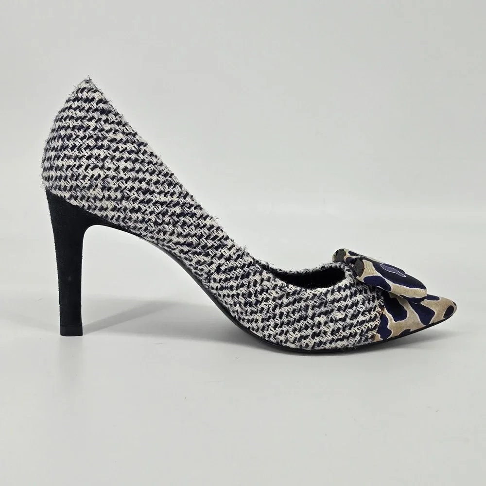 Tory Burch Cleo Tweed Leopard Silk Bow Pointed Toe Stiletto Pumps Heels 7M 3.5